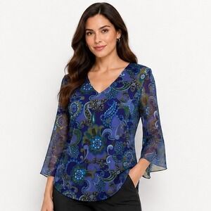 B.I.Y.A.Y.C.D.A. Paisley V-Neck Blouse Medium Blue Sheer Mesh Split Sleeve Y2K‎